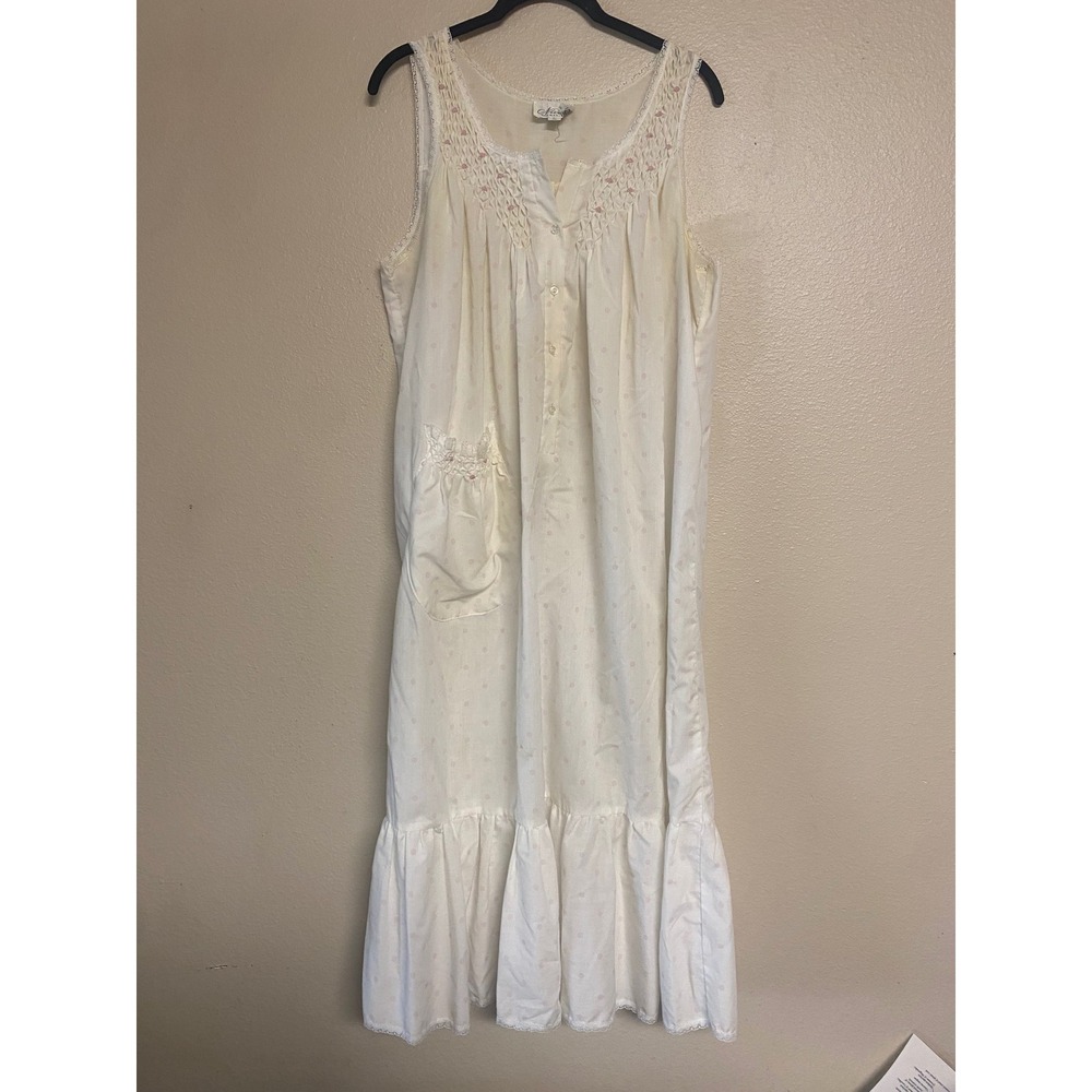 Vintage Nicole Nightgown White Pink Polka Dot Cotton Sleepwear M